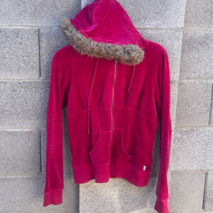 Y2K Juniors Self Esteem Pink Velour Faux Fur Hoodie M